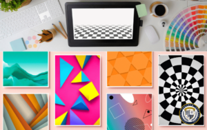 "Programy do tworzenia grafiki - przestrzeń robocza projektanta z tabletem graficznym, klawiaturą, wzornikiem kolorów Pantone oraz przykładowymi projektami: abstrakcyjny krajobraz w odcieniach turkusu, geometryczne kompozycje w żywych kolorach oraz czarno-biała szachownica.