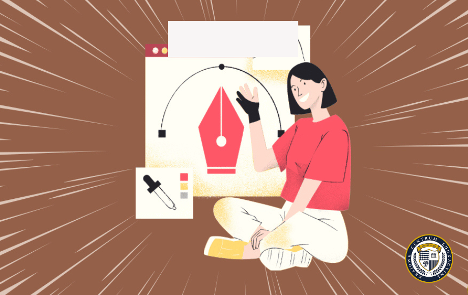 Ilustracja pokazuje interfejs programu do rysowania z czerwoną ikoną pióra i narzędziami graficznymi. Obok siedzi postać kobiety w czerwonym stroju, prezentująca program. Grafika symbolizuje prostotę korzystania z programów do rysowania.