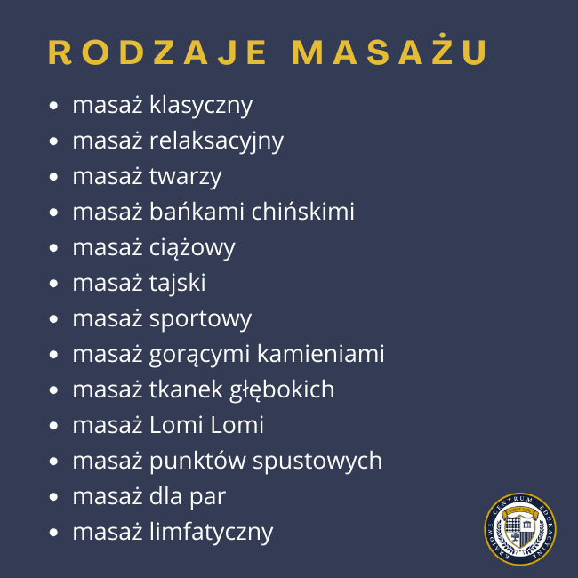 Infografika rodzaje masażu: masaż klasycznymasaż relaksacyjny masaż twarzy masaż bańkami chińskimi masaż ciążowy masaż tajski masaż sportowy masaż gorącymi kamieniami masaż tkanek głębokich masaż Lomi Lomi masaż punktów spustowych masaż dla par masaż limfatyczny