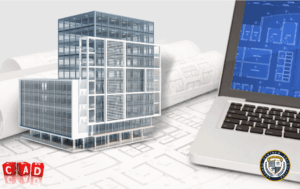 Model 3D nowoczesnego szklanego budynku biurowego na planach architektonicznych. Obok laptop z niebieskimi planami pięter. W rogu czerwone klocki z napisem "CAD" oraz okrągłe logo instytucjonalne.