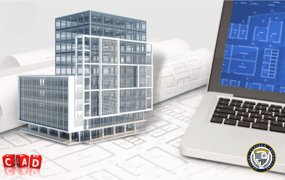 Model 3D nowoczesnego szklanego budynku biurowego na planach architektonicznych. Obok laptop z niebieskimi planami pięter. W rogu czerwone klocki z napisem "CAD" oraz okrągłe logo instytucjonalne.