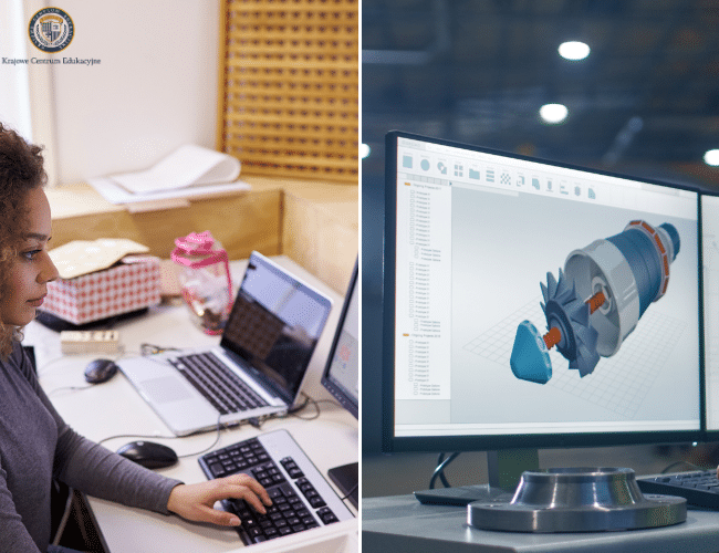 Nowoczesne środowisko pracy z CAD - po lewej kobieta pracująca zdalnie na laptopie z projektem, po prawej zaawansowany model 3D mechanizmu silnika wyświetlany na dużym monitorze w biurze projektowym