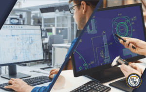 Monitor do projektowania CAD - profesjonalista przy stacji roboczej analizuje szczegółowe rysunki techniczne i modele inżynieryjne na dwóch wyświetlaczach z wysoką rozdzielczością w nowoczesnym biurze projektowym.
