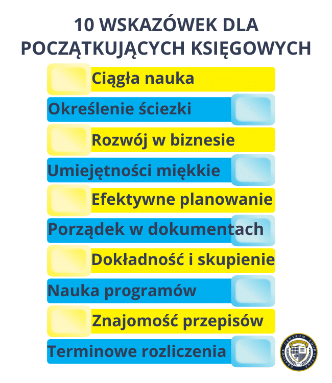 Infografika przedstawiająca 10 wskazówek dla początkujących księgowych w formie kolorowych pasków na białym tle