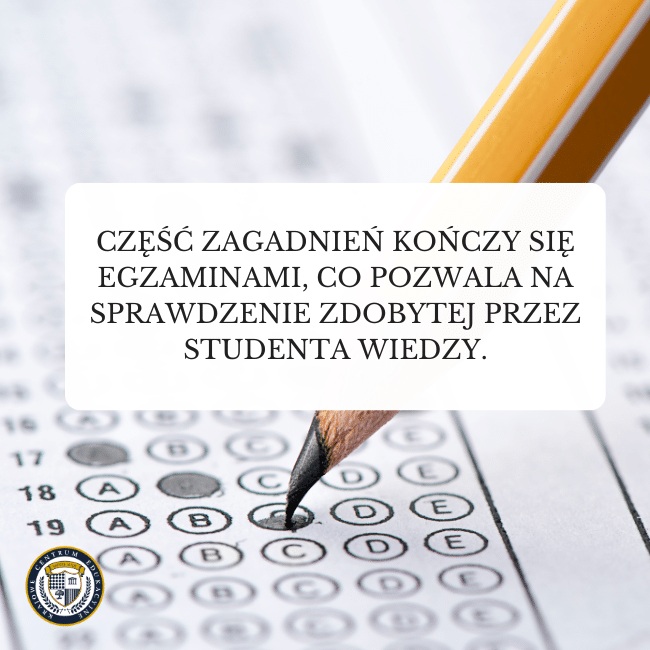 Rozwiązywanie testu ABCD w tle i napis: Część zagadnień kończy się egzaminami, co pozwala na sprawdzenie zdobytej przez studenta wiedzy. Odnosi się do tematu związanego z kierunkiem kadry i płace.