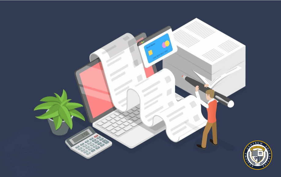 Ilustracja przedstawiająca programy do pełnej księgowości - izometryczna grafika pokazująca laptop z długim dokumentem księgowym, kartę kredytową, kalkulator i roślinę. Mała postać trzyma długopis przy dokumentach. W prawym dolnym rogu znajduje się okrągłe logo. Całość na granatowym tle ilustruje nowoczesne narzędzia do prowadzenia księgowości
