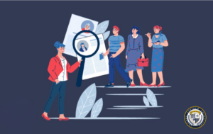 zkolenie z Kadr i Płac Online - ilustracja przedstawiająca rekruterkę w czerwonej marynarce analizującą CV przez lupę, oraz grupę kandydatów stojących w kolejce. Grafika w stylu płaskim, w kolorach czerwonym, niebieskim i białym na granatowym tle, z dekoracyjnymi liśćmi i logo