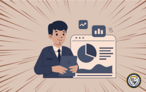 Ilustracja przedstawiająca analityka finansowego pracującego na tablecie, obok którego wyświetlają się wykresy i dane statystyczne w formie wykresów kołowych i słupkowych