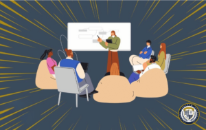 Szkolenia dla kadry kierowniczej - ilustracja przedstawiająca trenera prowadzącego prezentację dla grupy managerów przed tablicą, uczestnicy siedzą w nowoczesnej sali szkoleniowej