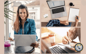 Kolaż przedstawiający osoby uczące się online - uśmiechnięta kobieta i dwie osoby robiące notatki przy laptopach. Certyfikowane kursy online zapewniają elastyczność i profesjonalny rozwój z możliwością nauki w dogodnym miejscu i czasie.