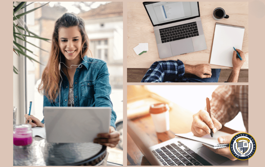 Kolaż przedstawiający osoby uczące się online - uśmiechnięta kobieta i dwie osoby robiące notatki przy laptopach. Certyfikowane kursy online zapewniają elastyczność i profesjonalny rozwój z możliwością nauki w dogodnym miejscu i czasie.