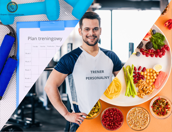 Uśmiechnięty trener personalny w białej koszulce z napisem 'TRENER PERSONALNY' stoi przed planem treningowym. Grafika podzielona na trzy części: sprzęt treningowy po lewej, trener w centrum oraz różnorodne zdrowe produkty spożywcze po prawej, pokazując holistyczne podejście trenera medycznego do zdrowia i fitness.