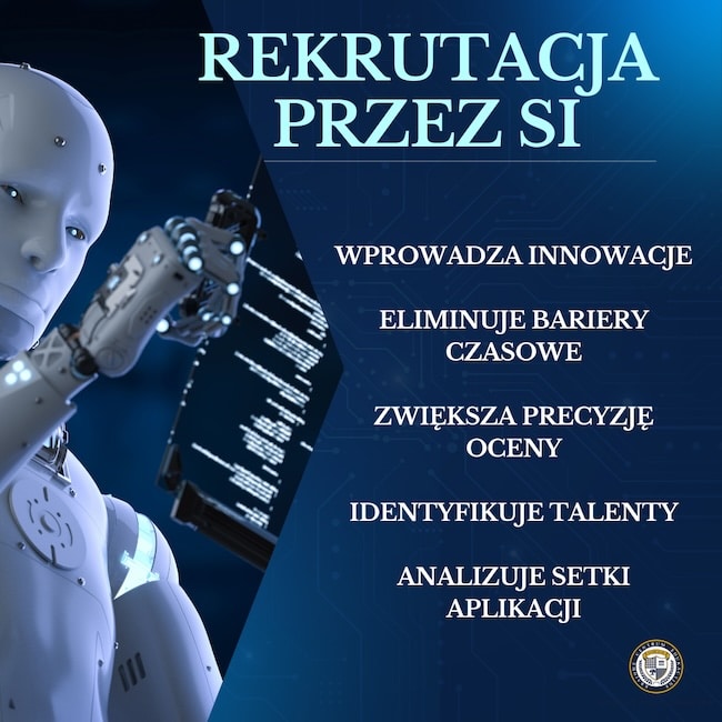 Infografika z humanoidalnym robotem prezentującym pięć kluczowych korzyści rekrutacji przez sztuczną inteligencję na gradientowym niebieskim tle