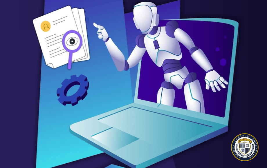 Ilustracja przedstawiająca wpływ AI na HR: robot wychodzący z ekranu laptopa, analizujący dokumenty HR symbolizowane przez kartki z lupą i ikoną użytkownika, na gradientowym niebiesko-fioletowym tle