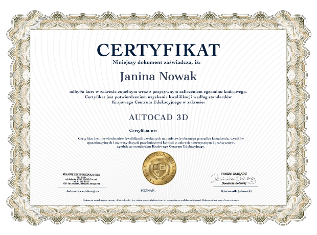 Wzór certyfikatu ukończenia kursu AutoCAD 3D
