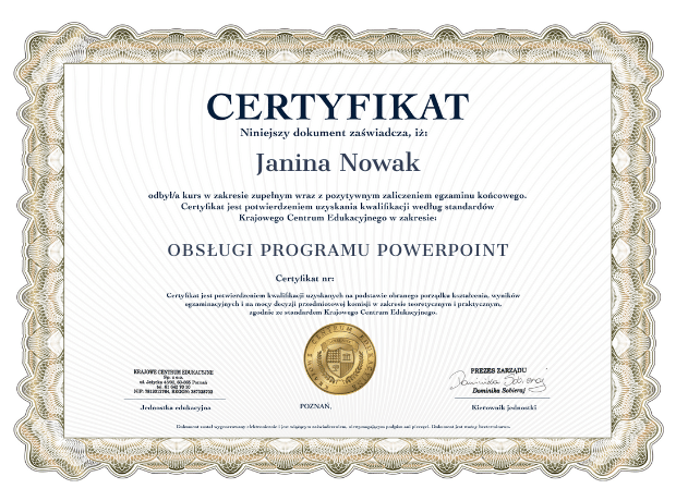 Wzór certyfikatu o ukończeniu kursu z obsługi powerpointa
