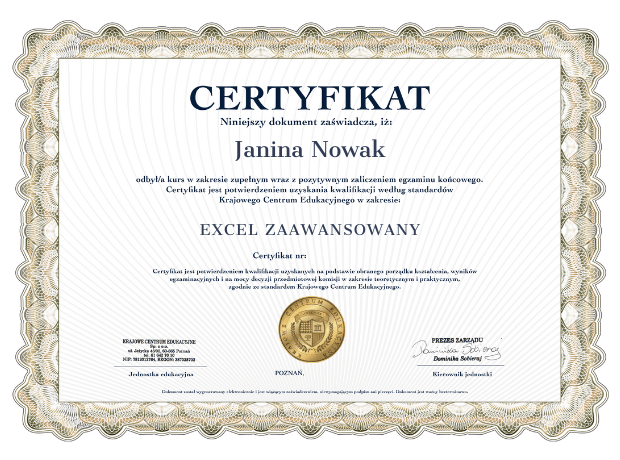 Wzór certyfikatu z ukończenia kursu obsługi excela na poziomie zaawansowanym