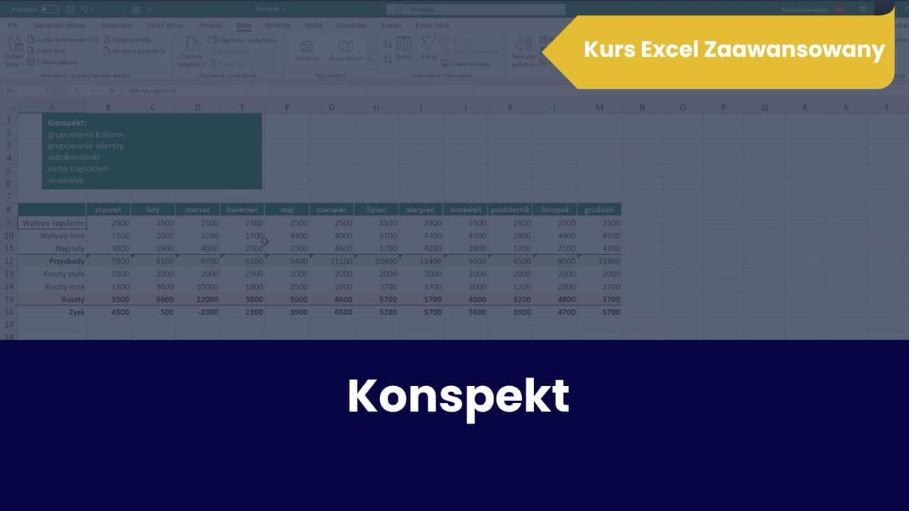 Kurs Excel Zaawansowany - lekcja przykładowa "Konspekt"