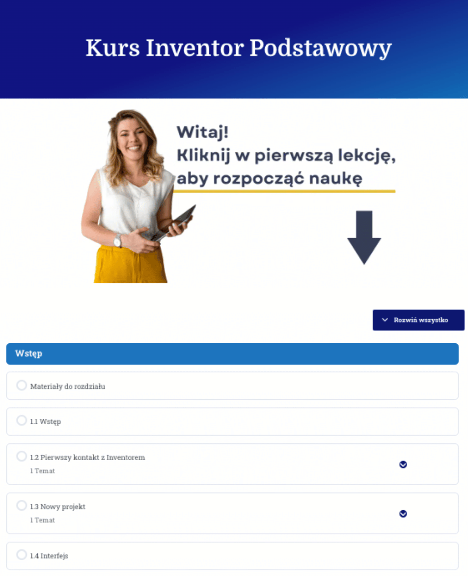 Kurs Inventor wnętrze platformy edukacyjnej
