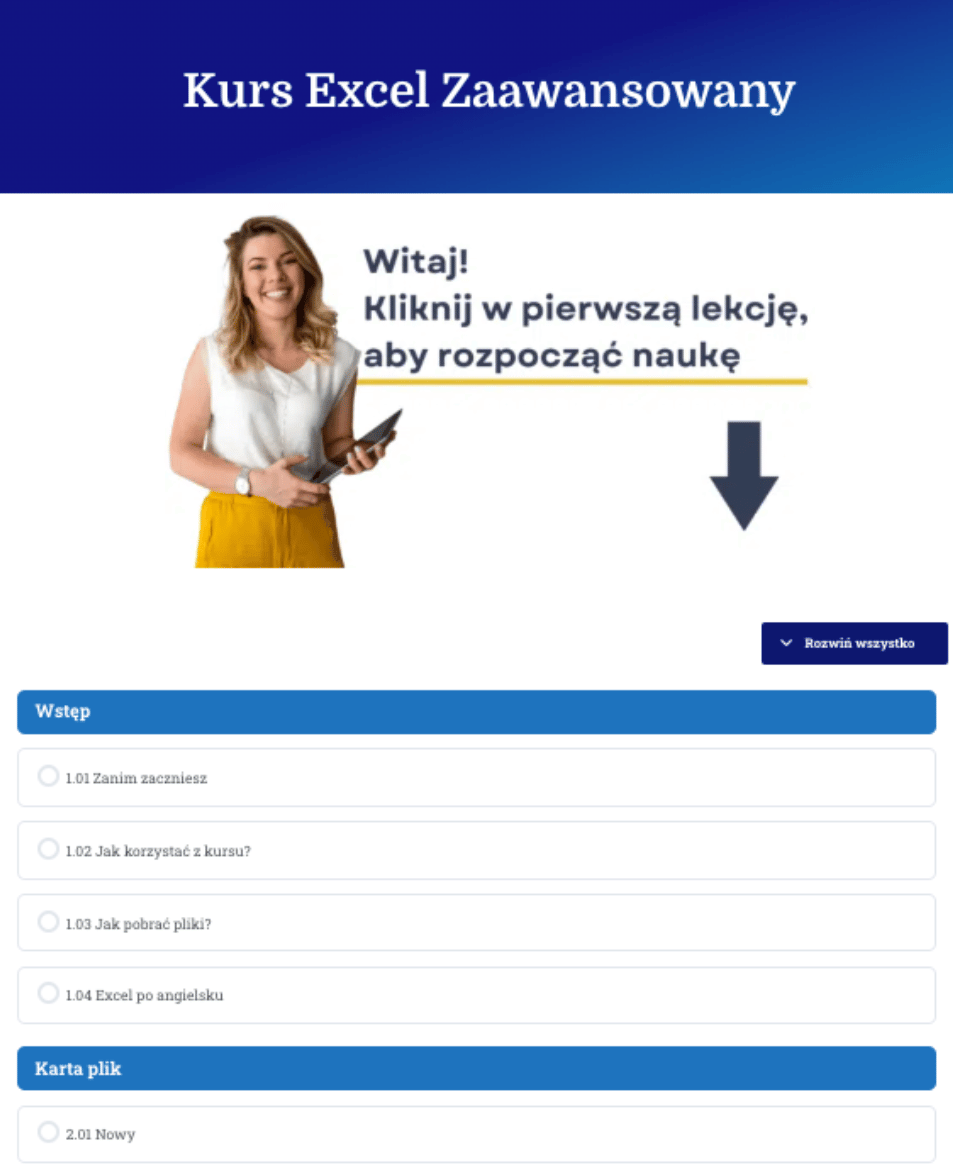 Kurs excel zaawansowany wnętrze platformy edukacyjnej