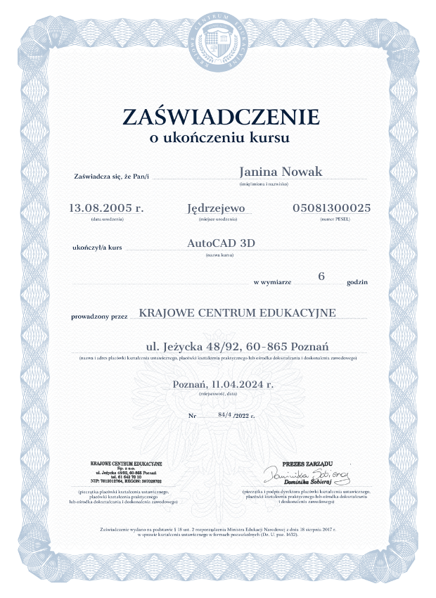 Wzór zaświadczenia o ukończonym kursie AutoCAD 3D