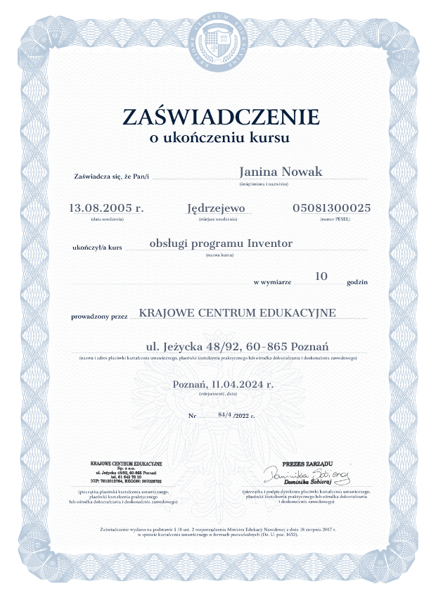 Wzór zaświadczenia o ukończonym kursie Inventor