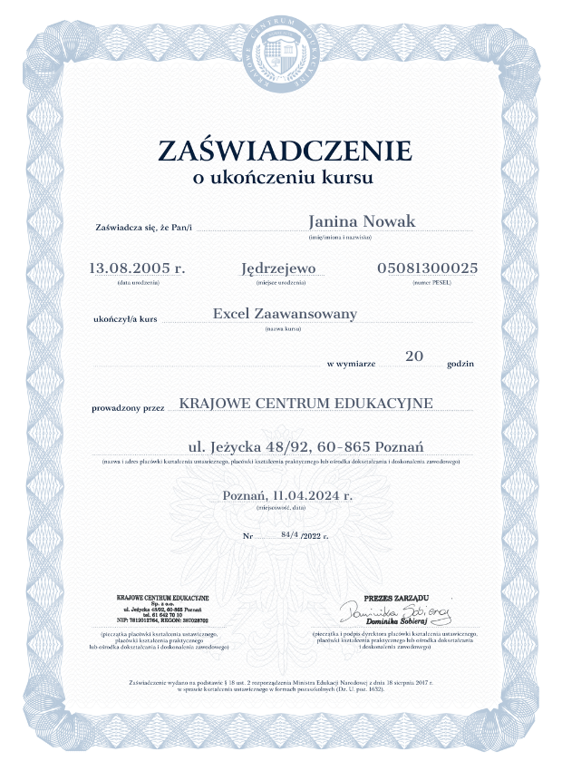 Wzór zaświadczenia o ukończonym kursie excela na poziomie zaawansowanym