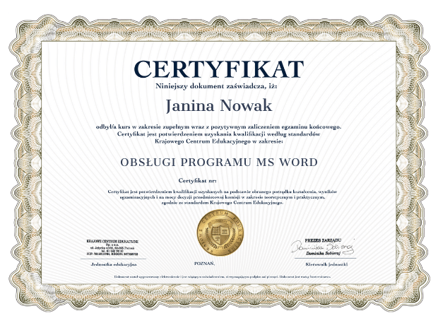 Wzór certyfikatu z kursu MS Word