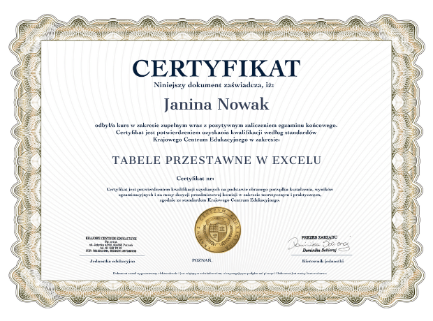 Wzór certyfikatu z kursu tabele przestawne w excelu