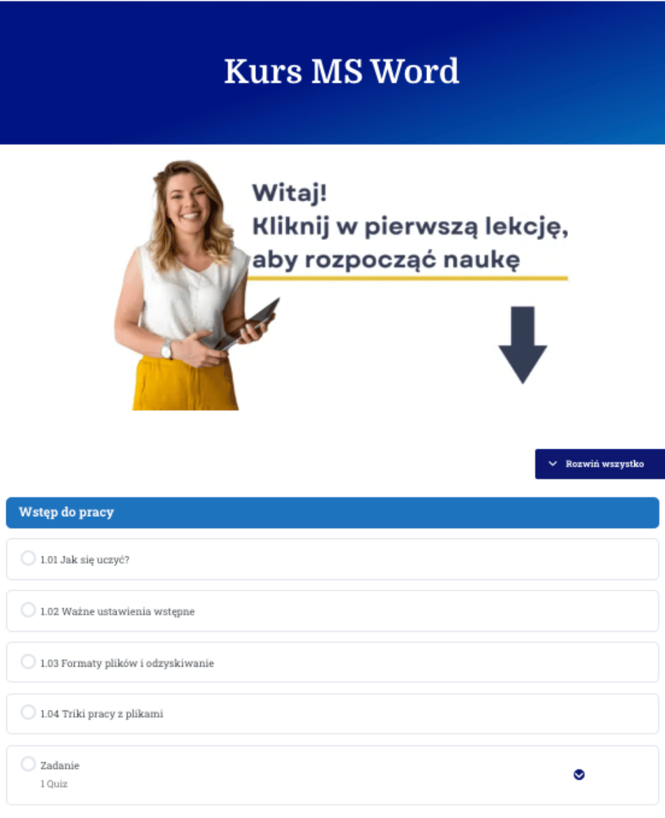 Kurs MS Word wnętrze platformy edukacyjnej