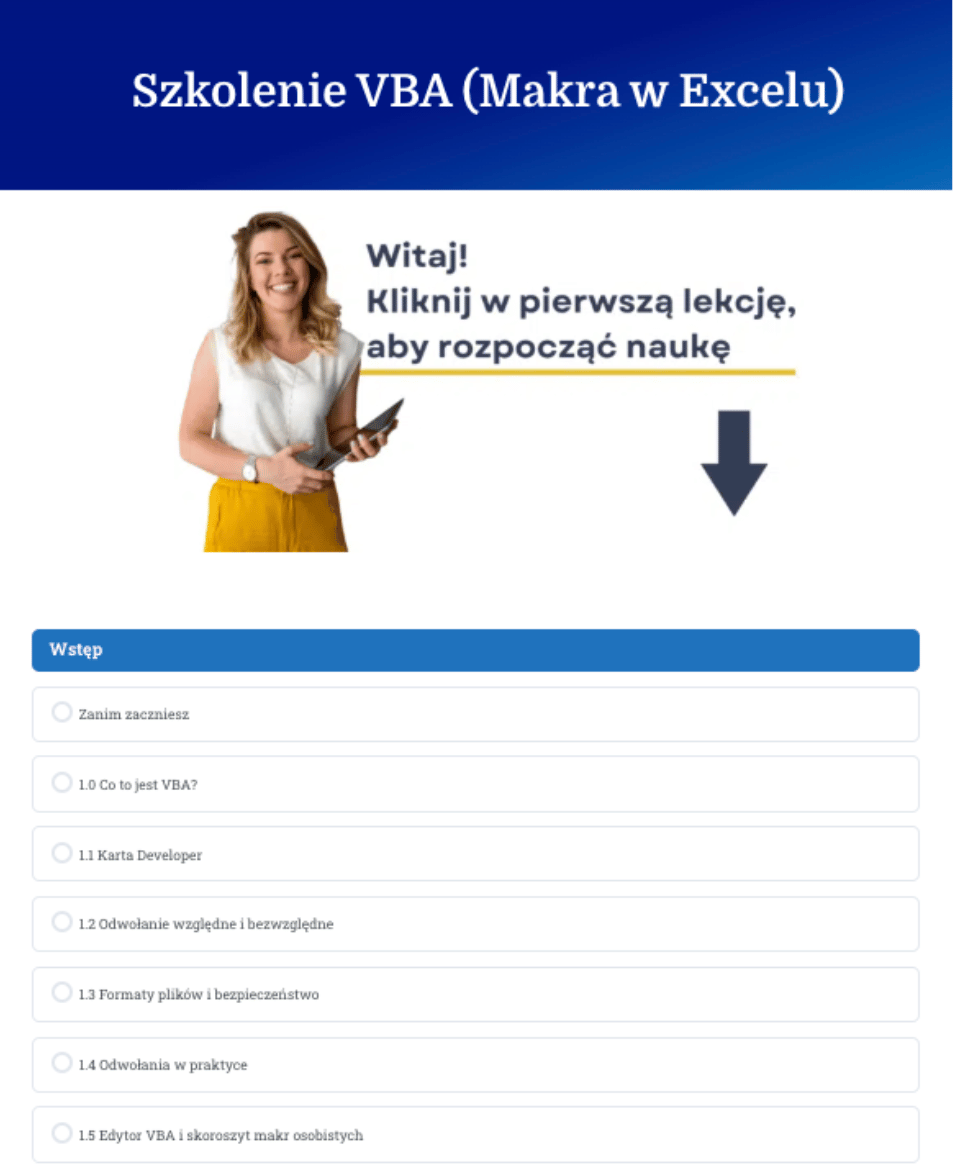 Szkolenie VBA makra w excelu wnętrze platformy edukacyjnej