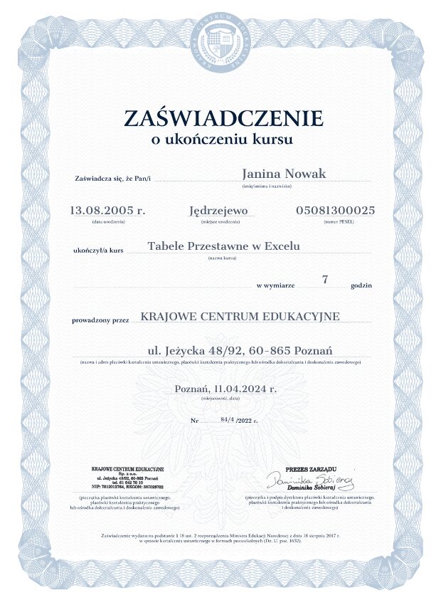 Wzór zaświadczenie o ukończonym kursie tabeli przestawnych w excelu