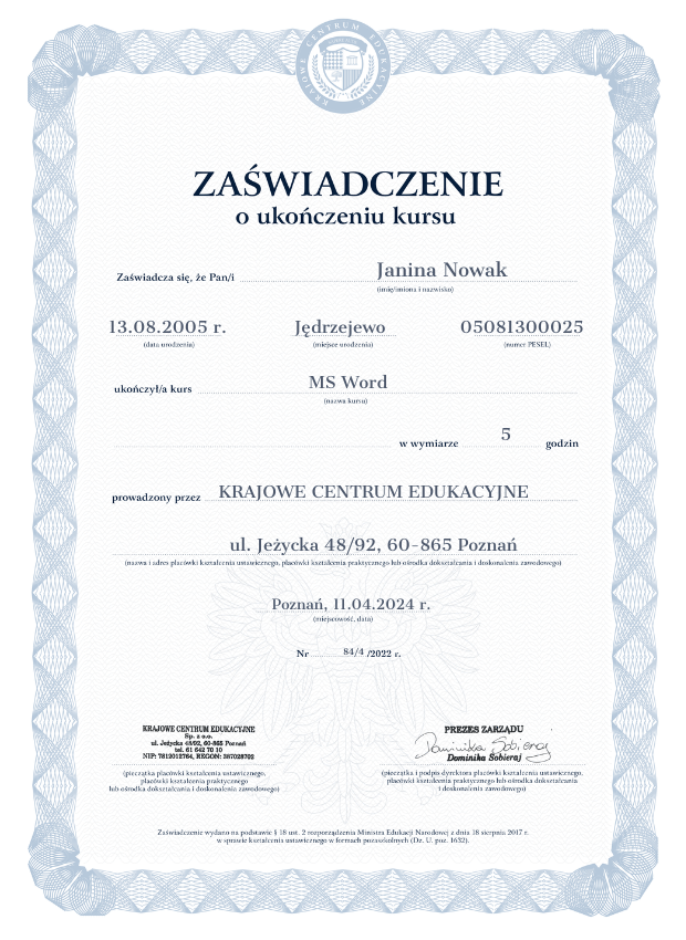 Zaświadczenie o ukończonym kursu MS Word