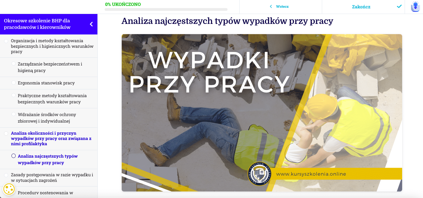 Obrazek przedstawia wnętrze platformy e-learningowej do szkolenia okresowego online z zakresu BHP