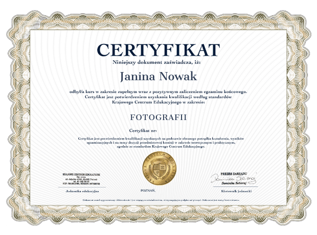 Wzór certyfikatu o ukończonym kursie fotografii