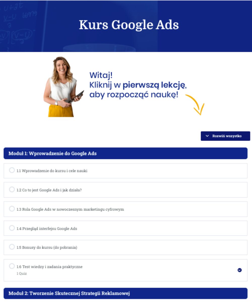Wnętrze platformy szkoleniowej kurs Google Ads