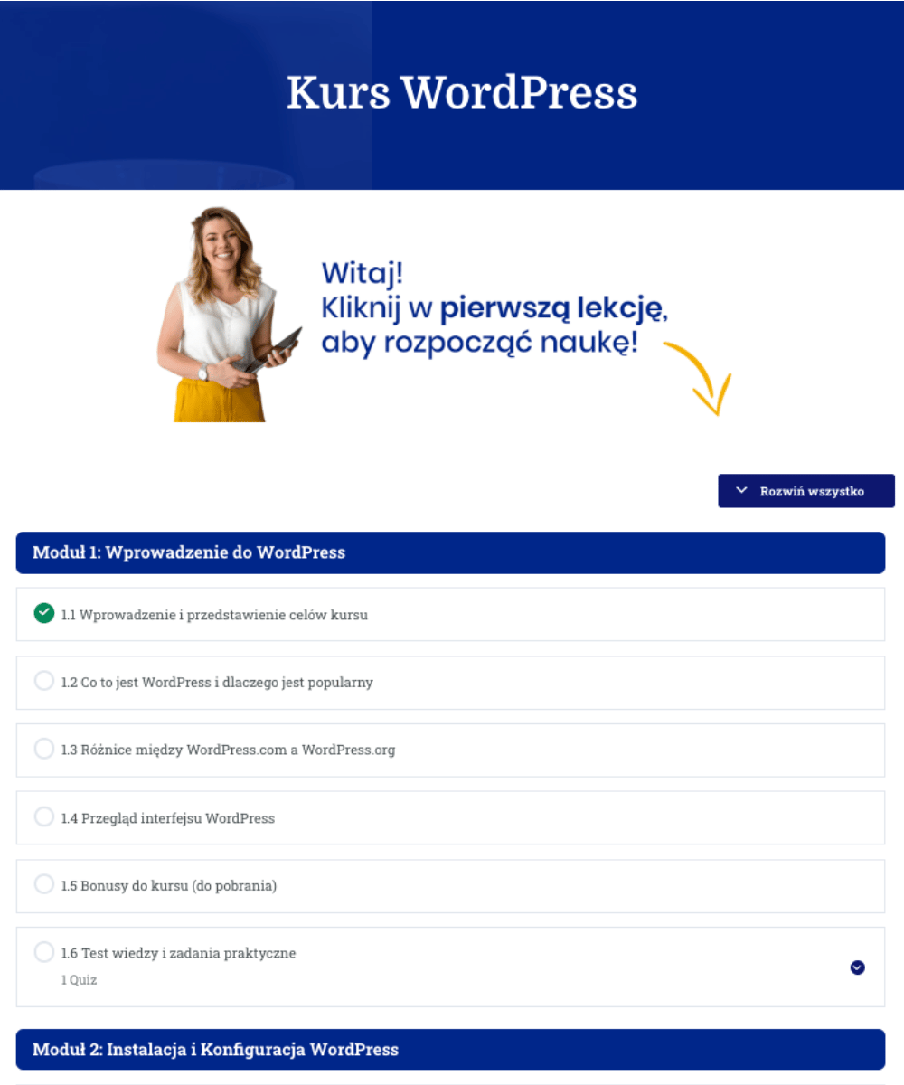 Wnętrze platformy szkoleniowej kurs WordPress
