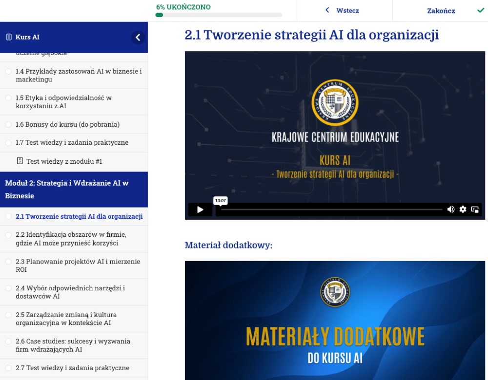 Wnętrze platformy szkoleniowej kursu AI lekcja