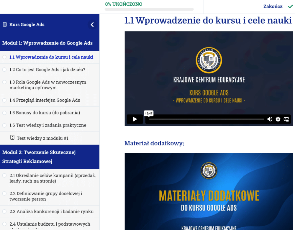 Wnętrze platformy szkoleniowej kursu Google Ads lekcja