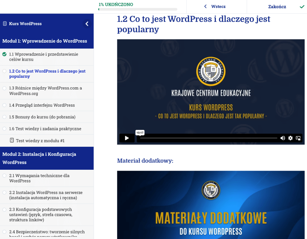 Wnętrze platformy szkoleniowej kursu WordPress lekcja