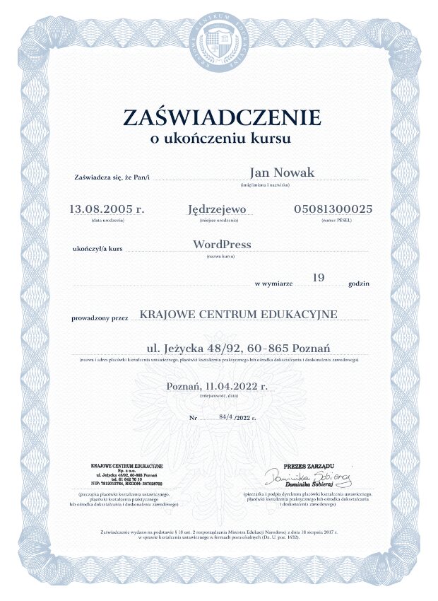 Zaświadczenie o ukończonym kursie WordPressa