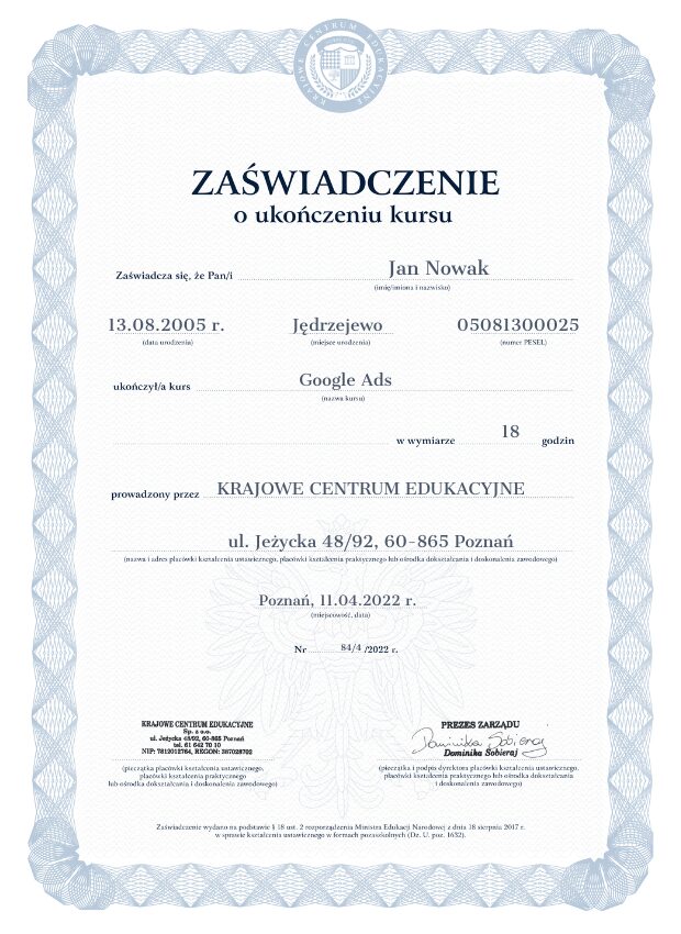 Zaświadczenie o kursie marketingu internetowego
