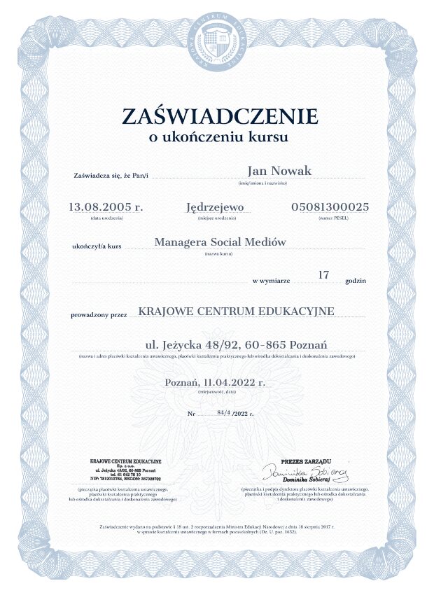 Zaświadczenie o ukończeniu kursu Managera Social Mediów