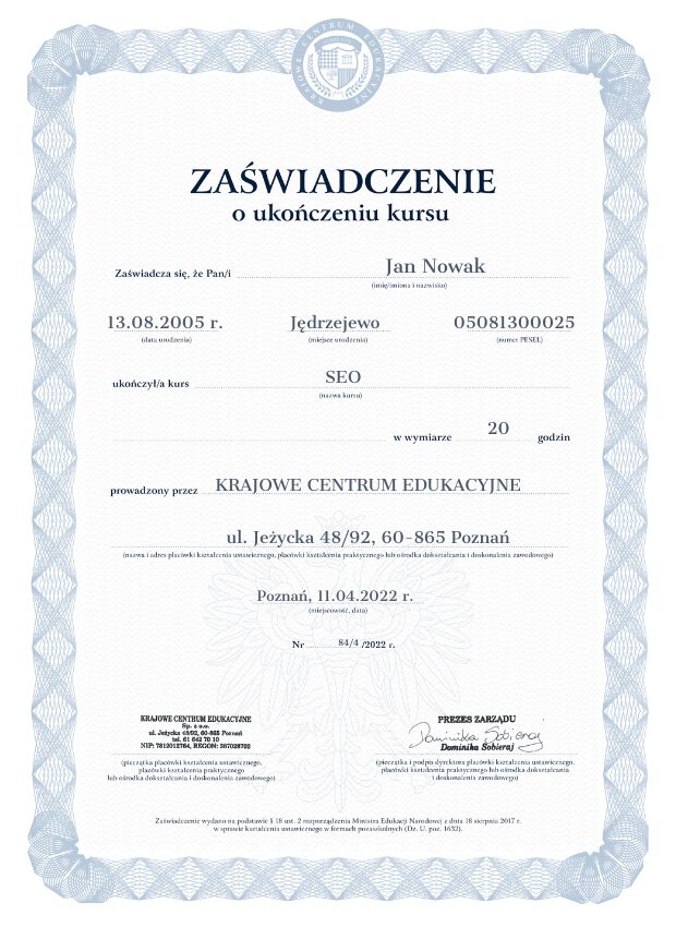 Zaświadczenie o ukończeniu kursu SEO