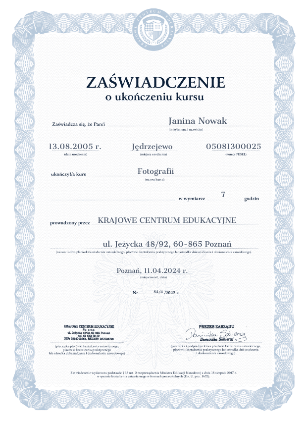 Wzór zaświadczenia o ukończonym kursie fotografii