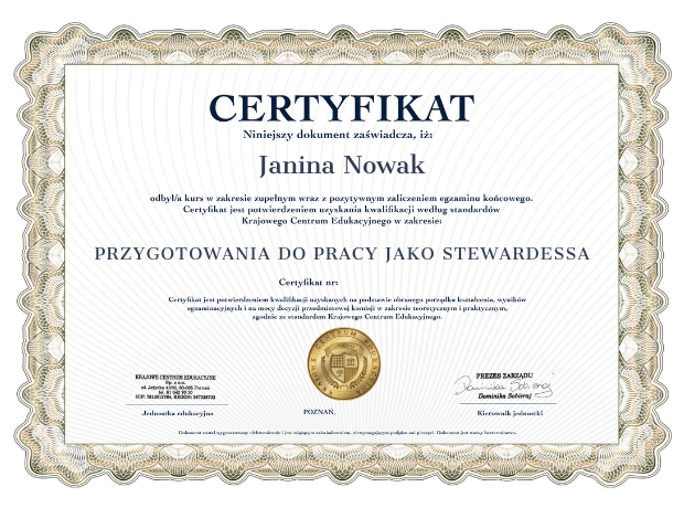 Wzór certyfikatu z kursu przygotowania do pracy jako stewardessa