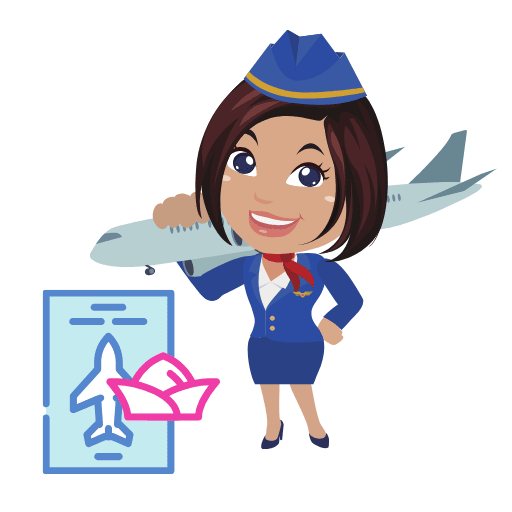 Kurs stewardessy - ikona 2, stewardessa trzyma w reku samolot, obok kartka z ikoną samolotu i czapki