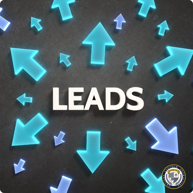 Lead generation - grafika z napisem Leads i strzałkami wskazującymi na sposoby pozyskiwania kontaktów