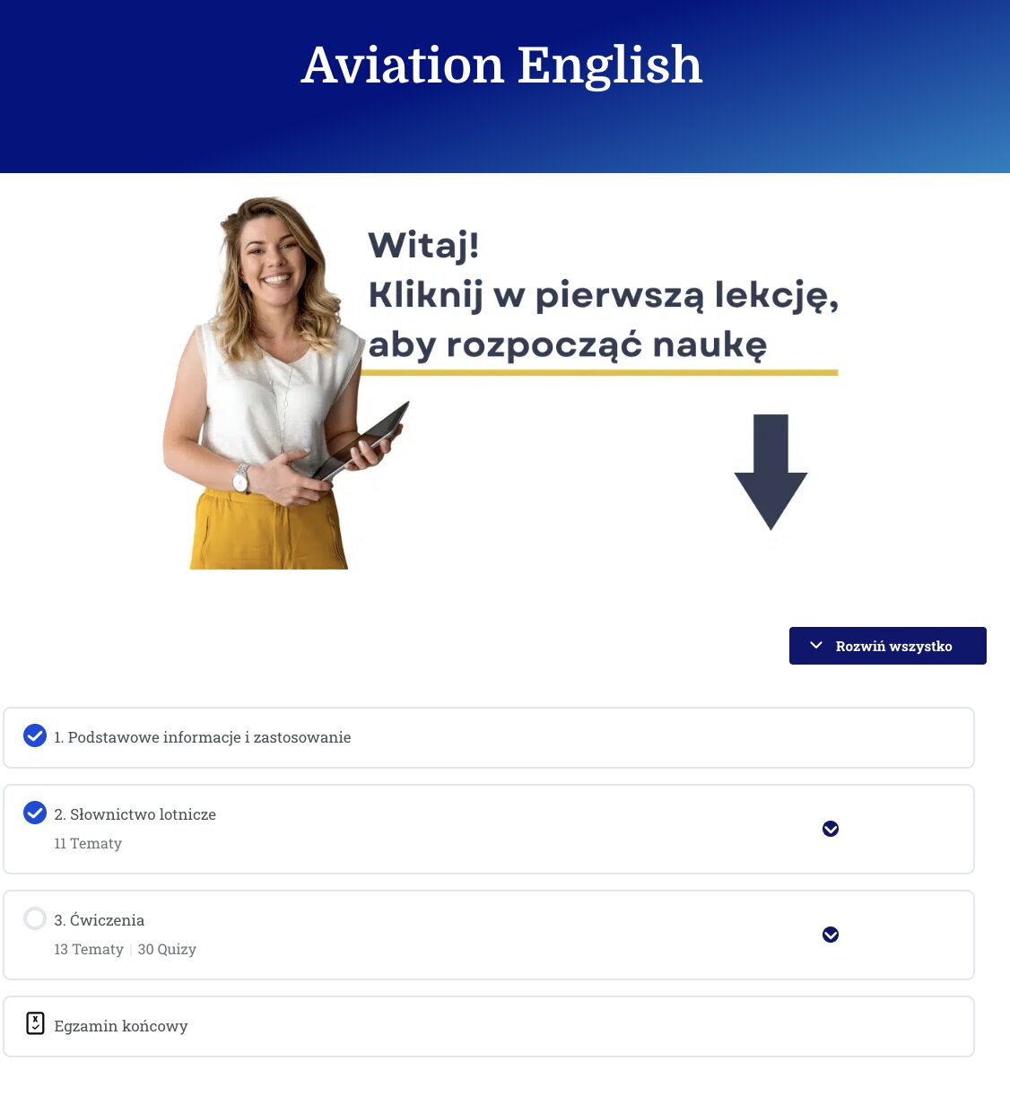 Wnętrze platformy szkoleniowej kursu avation english
