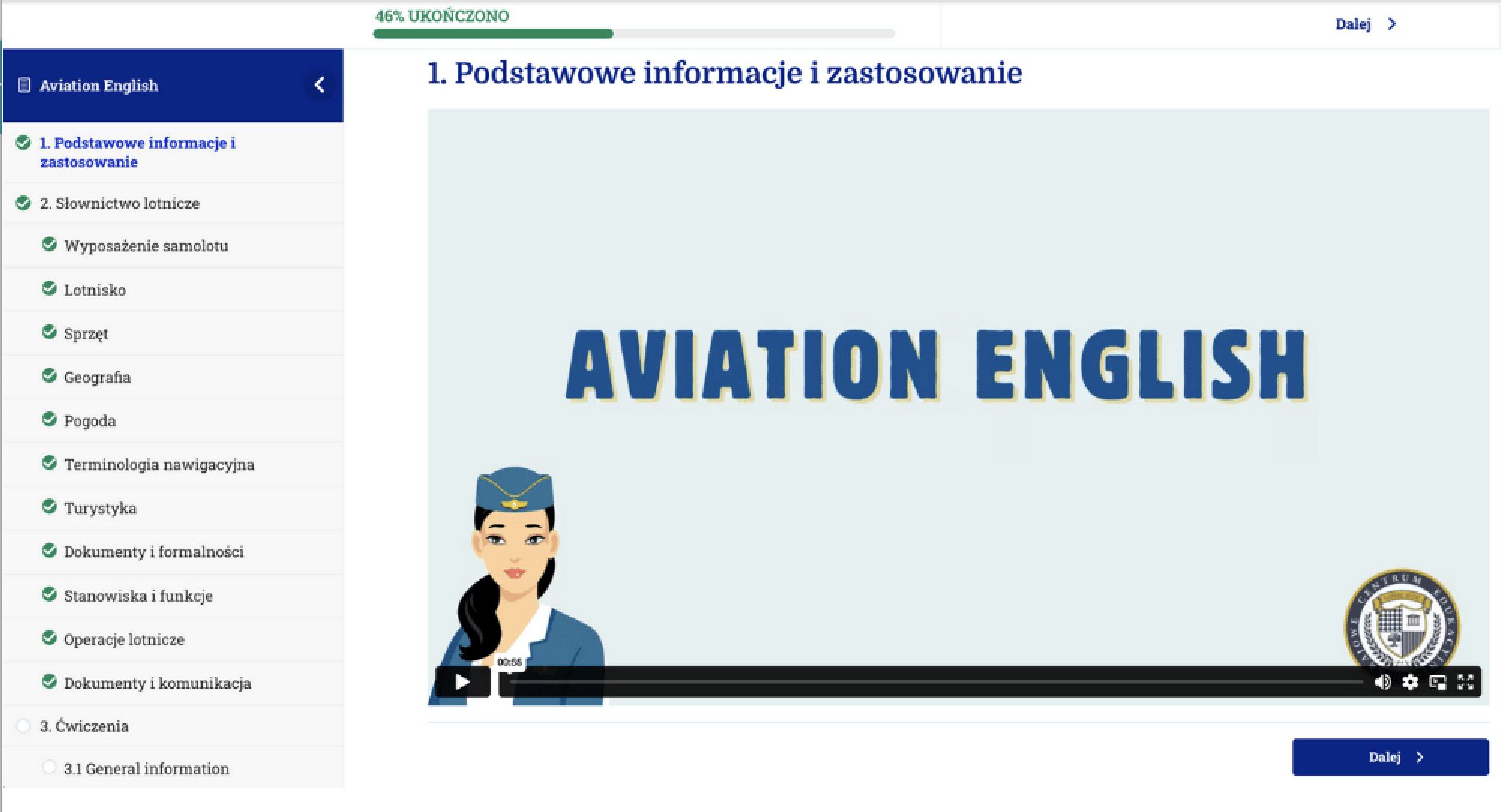Wnetrze platformy szkoleniowej kursu avation english